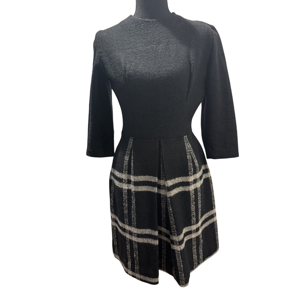 Vintage Shilla Black White Plaid Tweed Wool A-Line Dress Round Neck 3/4 Sleeve S